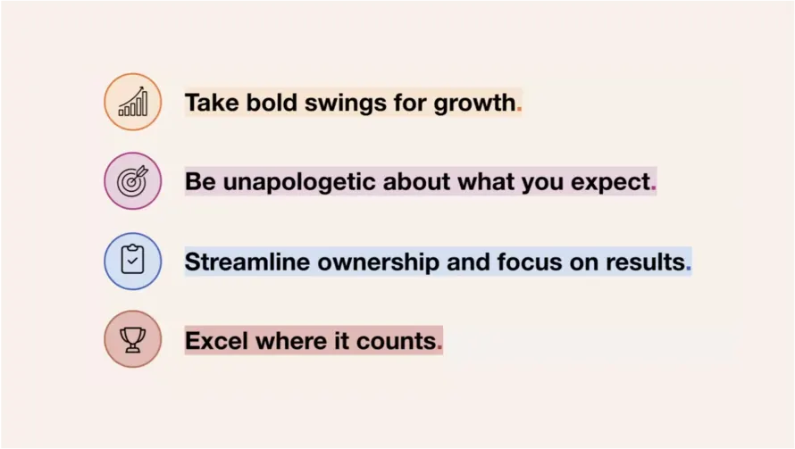take bold swings for growth; be unapologetic about what you expect; streamline ownership and focus on results; excel where it counts